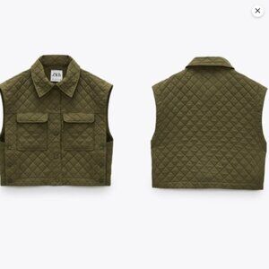 ZARA Green Quilted Cropped Vest - Size Small
